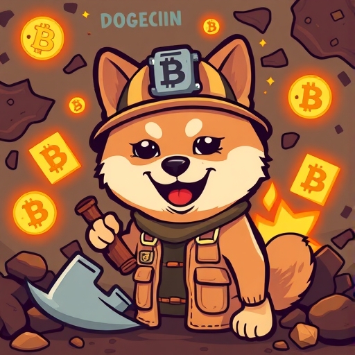 Shiba Inu dog miner with pickaxe and blockchain blocks symbolizing Dogecoin mining and Proof-of-Work consensus
