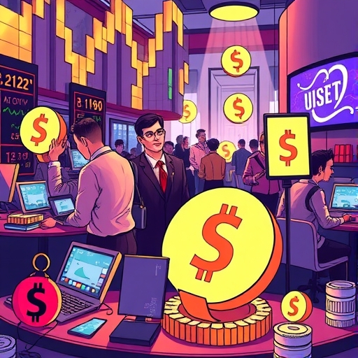 A bustling cryptocurrency exchange scene with traders interacting with USDT symbols symbolizing stability amidst market fluctuations, illustrated in a vibrant and dynamic art style for crypto stability insights