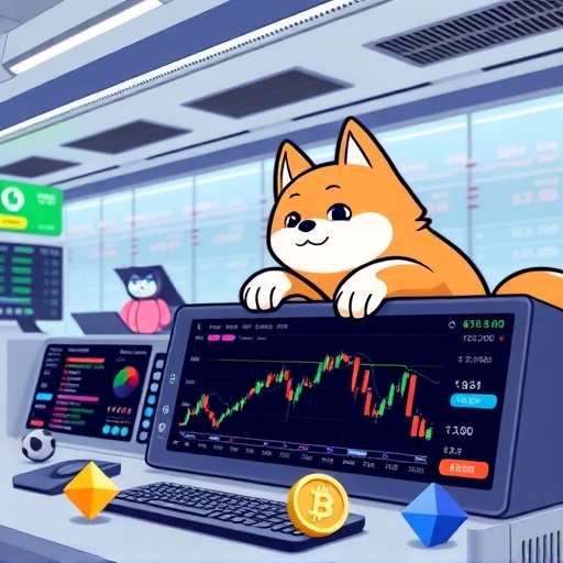 A bustling decentralized exchange interface featuring trading charts and token icons with a friendly Shiba Inu mascot overseeing the operation in a clean modern aesthetic with bright energetic colors