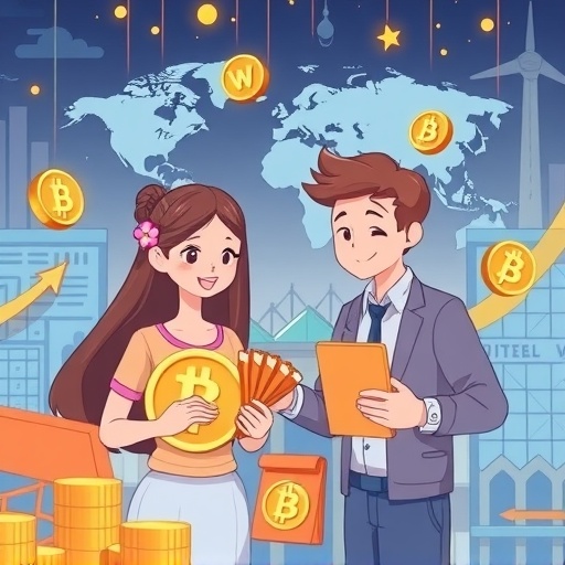 A charming illustration of investors holding WBT tokens receiving benefits like discounts and rewards amidst a backdrop of global expansion and technological upgrades
