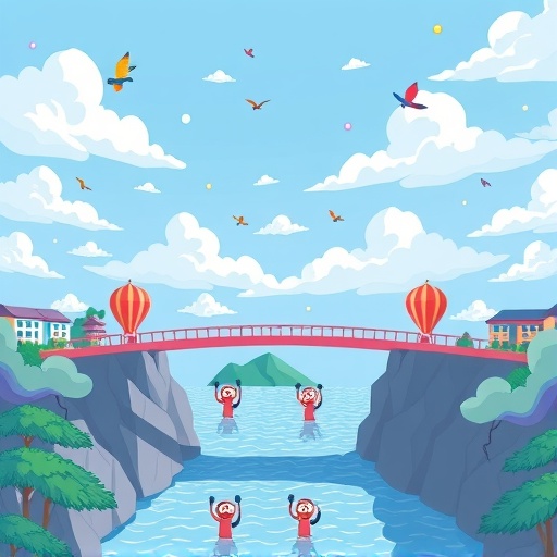 Creative bridge illustration connecting LINE and KakaoTalk Web2 apps to Kaia Web3 decentralized realm