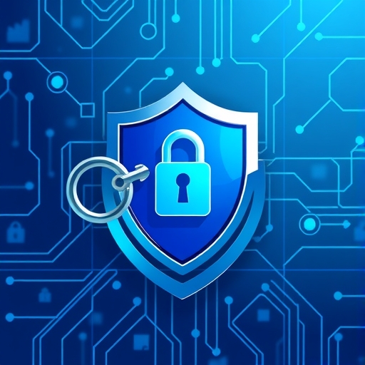 Digital art of Ethereum private key transforming into a security shield with blockchain background for wallet protection