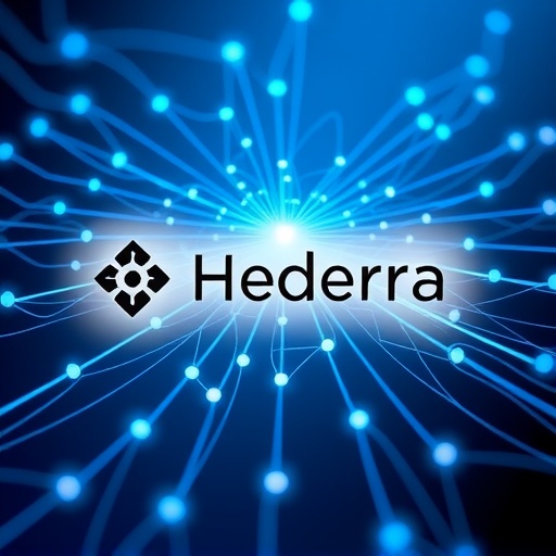 Digital network with corporate logos representing Hedera's governance council and enterprise-grade Hashgraph technology for secure DLT
