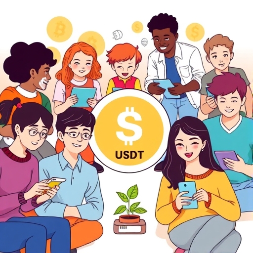 A diverse group of people using digital devices to manage cryptocurrency transactions with USDT as a central stable asset, depicted in a friendly illustrative style emphasizing accessibility and stability in crypto trading