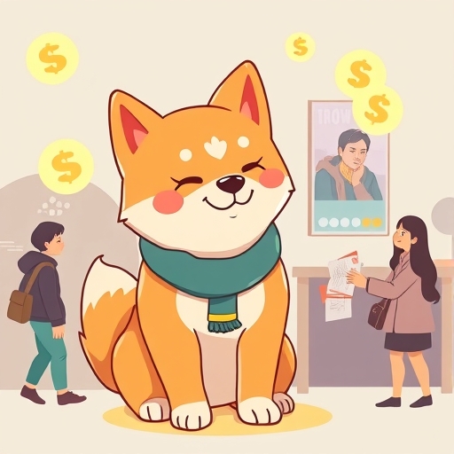 Friendly Shiba Inu dog tipping Dogecoin symbols worldwide illustrating community tipping culture in cryptocurrency