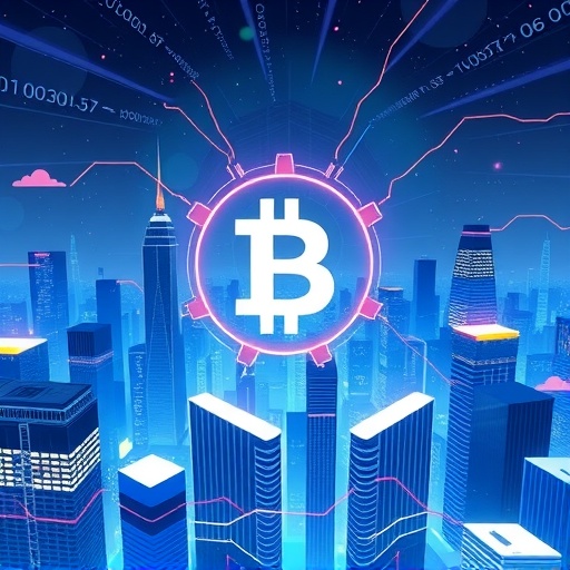 A futuristic cityscape illustration with glowing data streams and abstract blockchain elements converging on a prominent BNB logo signifying its continuous growth and ambition to build the future of Web3