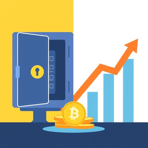 A split scene showing a secure digital vault and dynamic trading chart illustrating Ethena USDe risks and rewards balance