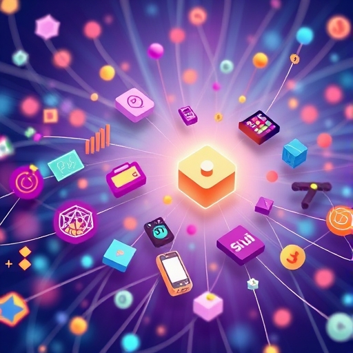 Stylized digital objects network illustration symbolizing Sui's object-centric model for secure blockchain asset management