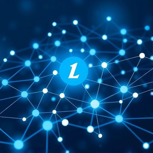 A stylized illustration of a digital network with interconnected nodes representing Litecoin's efficient blockchain technology, fast transactions, and low fees in a futuristic style.