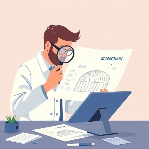 Stylized scientist examining blockchain blueprints illustration symbolizing Cardano's peer-reviewed research and academic rigor