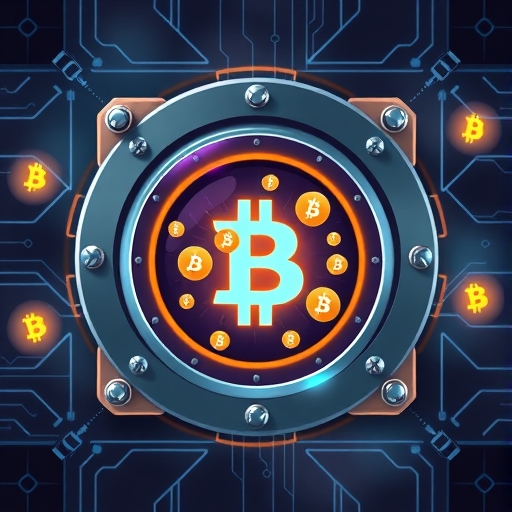 Stylized illustration of a secure digital vault safeguarding fiat-to-crypto assets with cryptocurrency symbols
