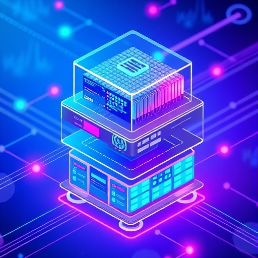 A stylized illustration of a transparent network layering data storage, core processing, and user applications, glowing lines connecting different functional blocks in TRON's architecture