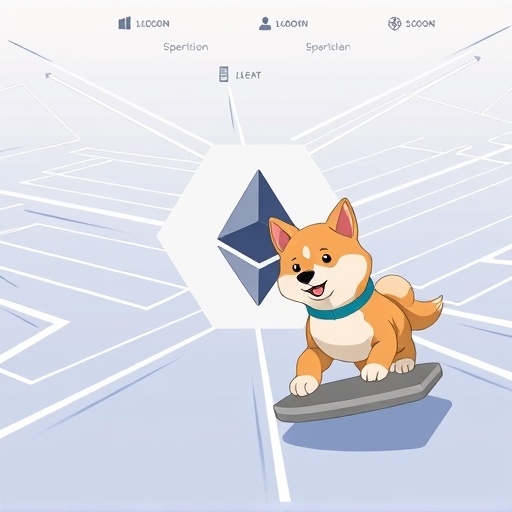 A stylized representation of a Layer 2 scaling solution with interconnected digital pathways forming around a central Ethereum logo and a playful Shiba Inu navigating the fast lanes with a determined expression