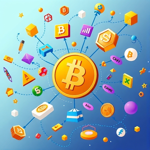 A vibrant and dynamic illustration depicting diverse decentralized applications dApps like DeFi and GameFi icons flowing around a central BNB coin symbolizing its role as the ecosystem fuel