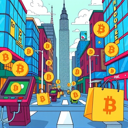 Vibrant cityscape with Bitcoin Cash integrated into payment terminals and shopping, highlighting everyday transaction adoption