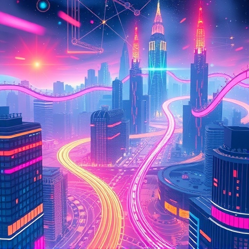 A vibrant illustration of a futuristic cityscape powered by glowing digital streams depicting speed and interconnectedness in Solana blockchain