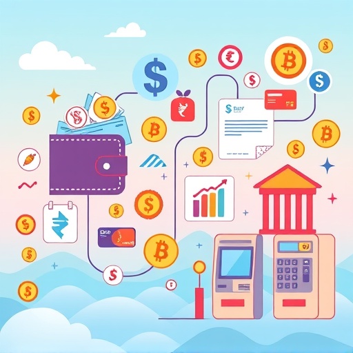 Vibrant illustration of cryptocurrency flowing from wallets to bank accounts and ATMs