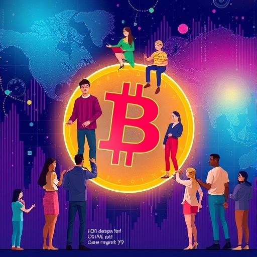 A vibrant illustration showing diverse people interacting with a glowing USDC coin on a digital globe representing its global utility and role as a stable medium of exchange in decentralized finance ecosystems