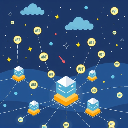 A whimsical illustration showing the Whitechain blockchain network powered by WBT tokens with nodes interacting efficiently and securely