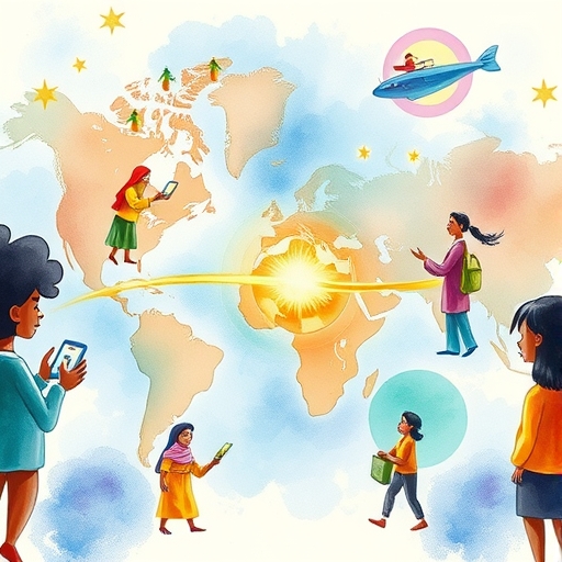 Whimsical watercolor of diverse people receiving instant global money transfers via Stellar Lumens XLM network promoting financial inclusivity