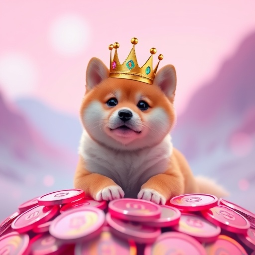 An adorable Shiba Inu dog wearing a tiny digital crown sits atop a pile of glowing cryptocurrency coins in a vibrant pastel colored digital landscape with soft ethereal lighting