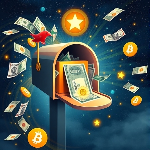 Artistic depiction of a magical mailbox transforming currencies into digital assets illustrating Stellar Lumens XLM bridge currency and Anchors mechanism