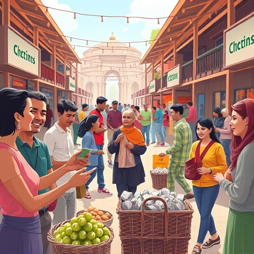 An artistic illustration of a bustling marketplace with people exchanging digital silver coins like Litecoin for goods, emphasizing its advantages in liquidity and payments.