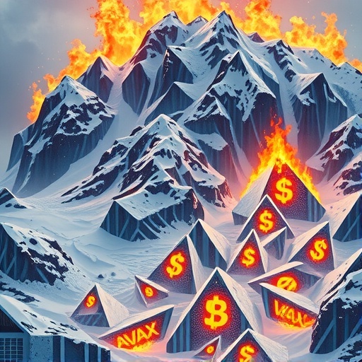 Artistic avalanche illustration with AVAX tokens symbolizing the fee burning mechanism and deflationary pressure in Avalanche blockchain tokenomics