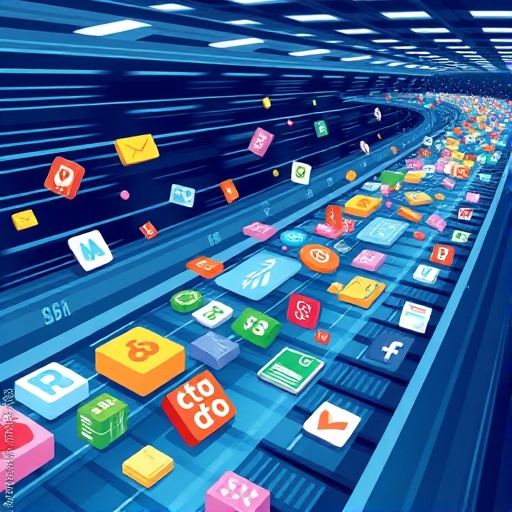 High-speed digital conveyor belt artwork depicting Sui blockchain's throughput for games, DeFi, and social apps