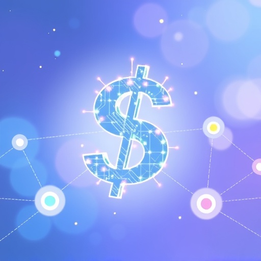 An ethereal floating dollar sign made of glowing circuits connected to abstract blockchain nodes representing Ethena USDe synthetic dollar stability