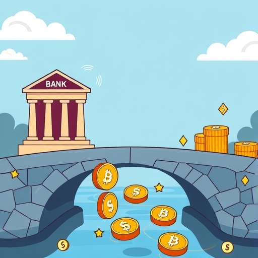 An illustration depicting a bridge connecting traditional finance symbols like a bank to a blockchain network with USDC coins flowing across symbolizing seamless digital currency integration and accessibility