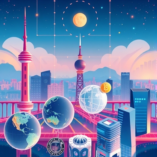 Vibrant Asian cityscape illustration with futuristic Kaia blockchain elements integrated into the skyline, symbolizing Web3 fusion in Asia