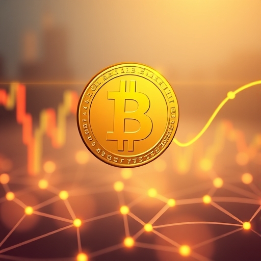 An illustration of a digital dollar coin representing USDT stablecoin floating above a blockchain network with financial charts in the background, highlighting stability in cryptocurrency markets