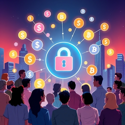 Illustration of diverse people interacting with secure Ethereum wallet and digital currency icons for Web3 DeFi