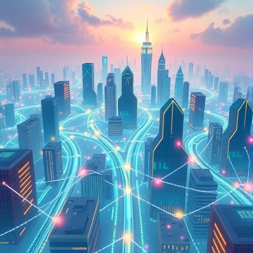 An illustration of a vibrant futuristic city built on interconnected blockchain nodes with digital content flowing between creators and users, representing TRON's decentralized content platform