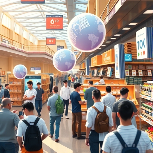 An imaginative scene of a busy decentralized marketplace with diverse users interacting seamlessly showcasing speed and low fees in Solana ecosystem