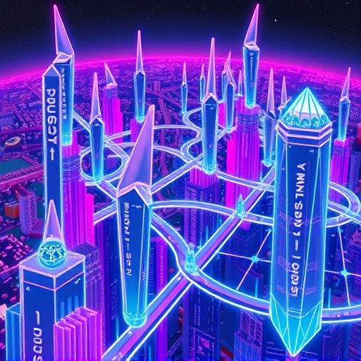 Futuristic city illustration of Avalanche blockchain's interconnected high-speed network architecture emphasizing performance and innovation