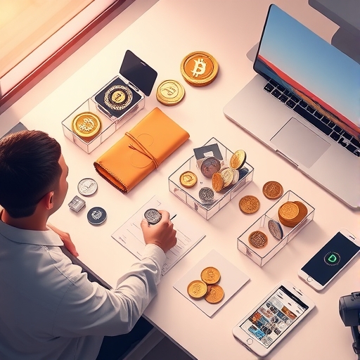 Overhead illustration of organizing Ethereum coins into secure wallet storage for asset management and safety