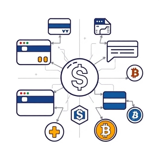 Vector illustration of payment methods including ACH, SEPA, credit cards for fiat-to-crypto conversions