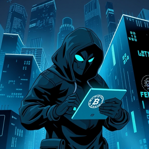 Illustration of Crypto a stealthy hacker character analyzing glowing data streams within a futuristic cyberpunk cityscape at night