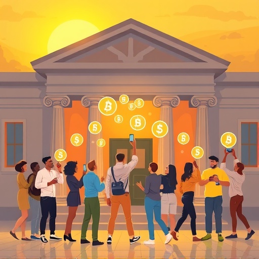 Illustration of diverse people happily withdrawing cryptocurrency to bank accounts