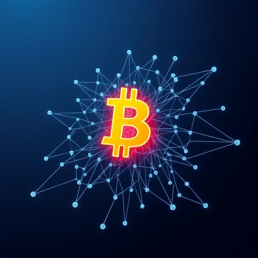 Illustration of a glowing Bitcoin symbol emerging from a complex network of interconnected digital nodes against a dark blue background representing decentralization and innovation in Bitcoin technology