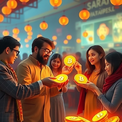 Illustration of diverse people exchanging traditional fiat currencies for cryptocurrencies on a vibrant digital marketplace