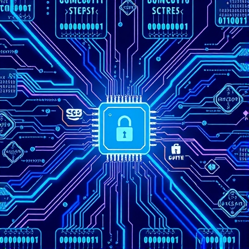 Stylized digital art showing stylized circuits and data flows converging into a powerful computational core bathed in cool blue light representing Solana's Proof of History technology