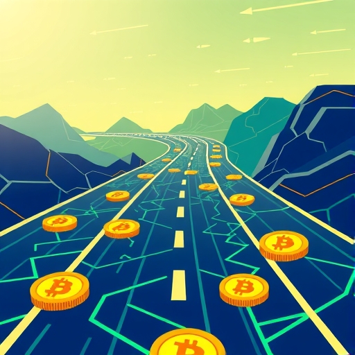 Stylized digital highway of Bitcoin Cash coins representing fast, efficient, and scalable transaction pathways