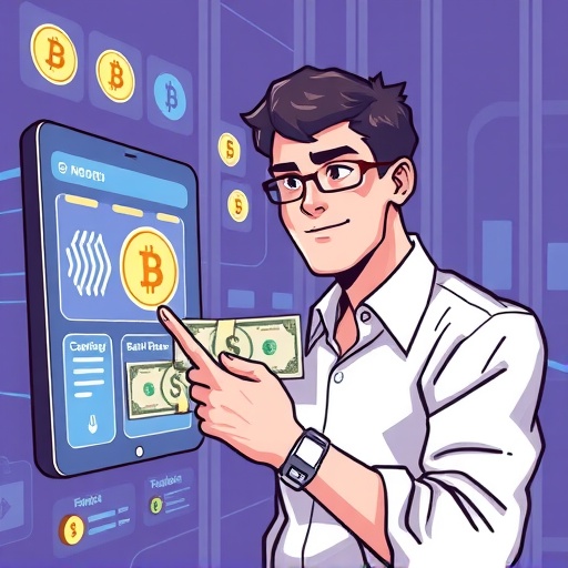 Stylized illustration of converting crypto assets to bank notes securely