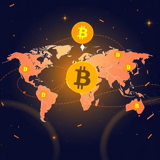 Vibrant illustration depicting a flow of digital currency from one point to another across a global map highlighting Bitcoin's peer-to-peer transaction capabilities and global reach in cryptocurrency