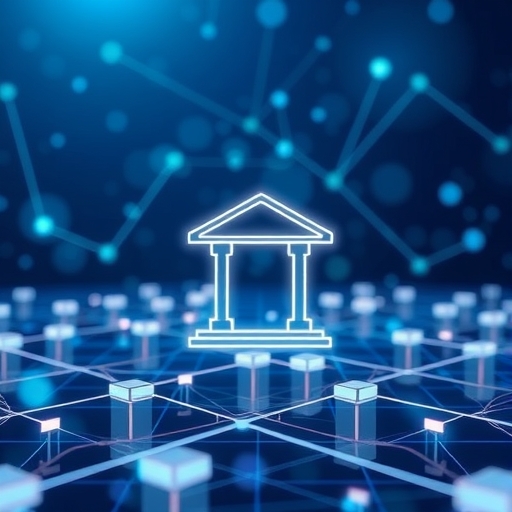 Digital network of interconnected blockchain blocks extending glowing lines to a stylized bank interface, representing efficiency and transparency in modern banking systems