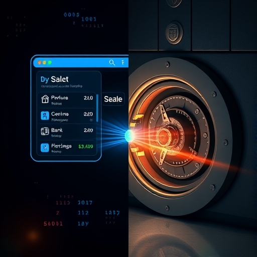 Split scene of a digital wallet interface and secure bank vault connected by a bridge of light, illustrating hybrid blockchain and traditional banking security