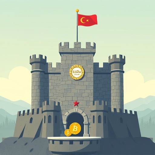 Stylized medieval castle representing banks' regulatory moat with compliance seals overshadowing cryptocurrency symbols